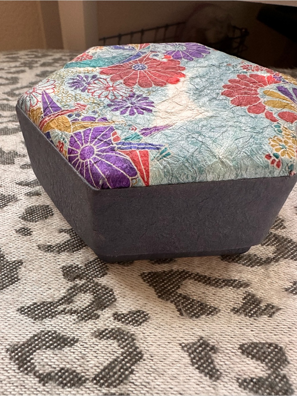 Hexagonal Floral Decorative Box in Teal, Red, Purple - Picture 2 of 6